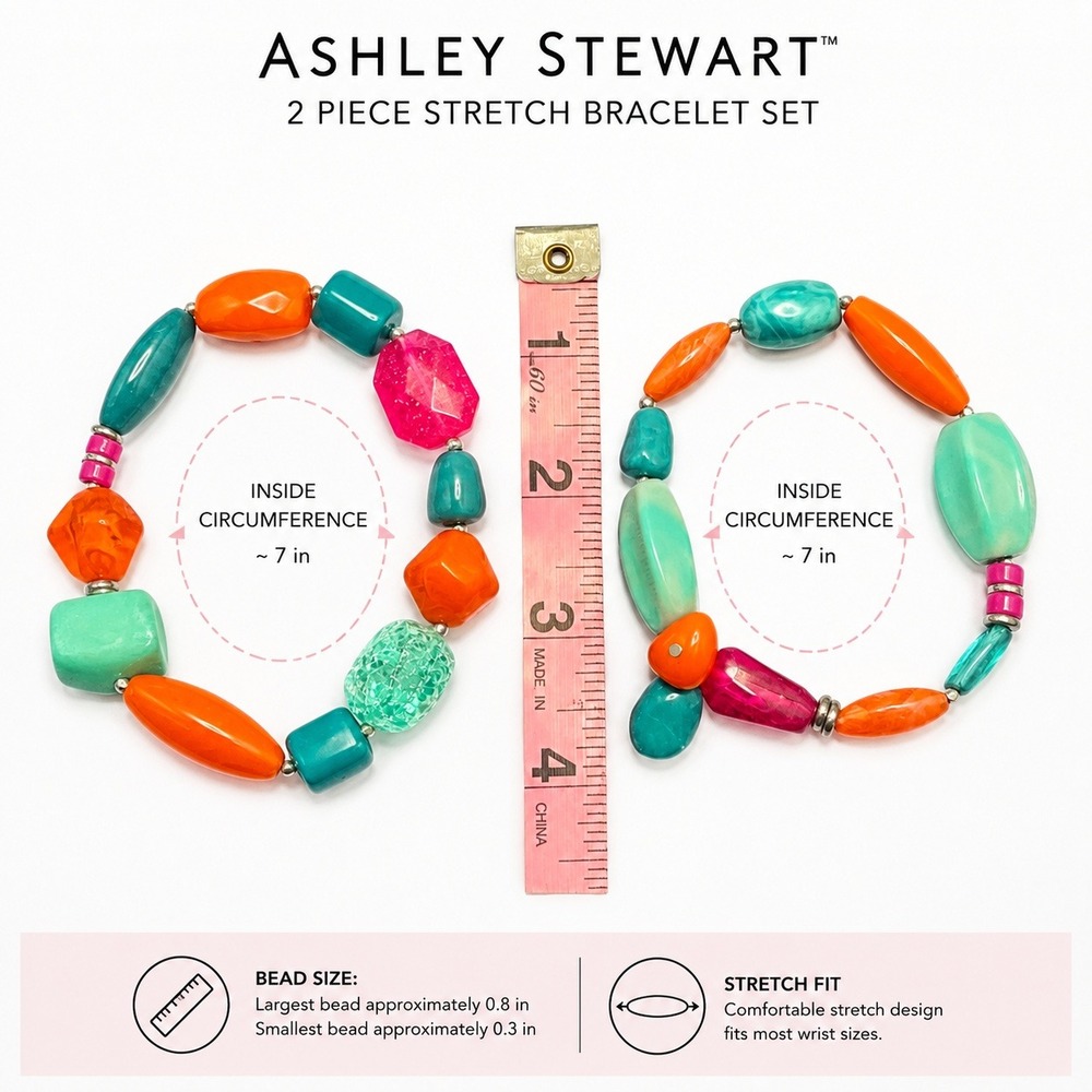 Ashley Stewart 2 Pc Colorful Chunky Beaded Stretch Bracelet Set NWT